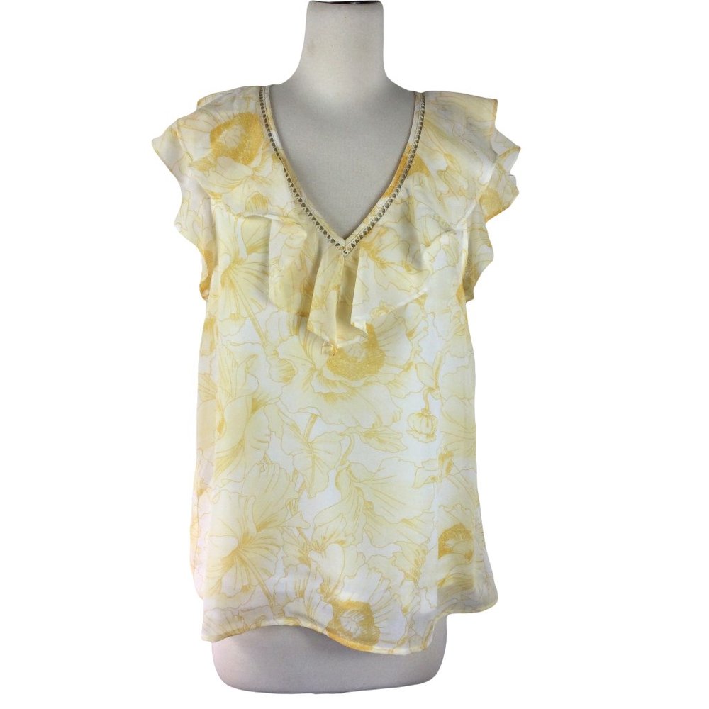 Entro Ruffled V Neck Yellow/White‎ Fluttery Top, Small